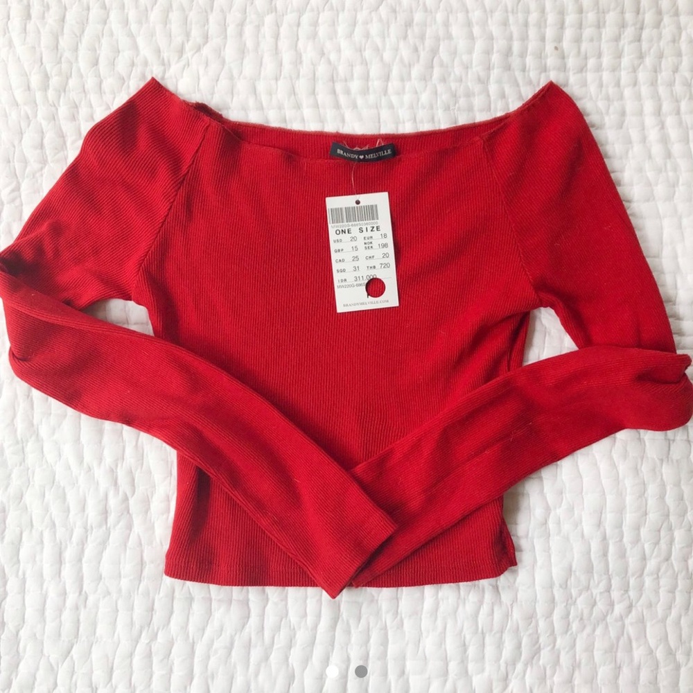 brandy melville red off the shoulder long sleeve